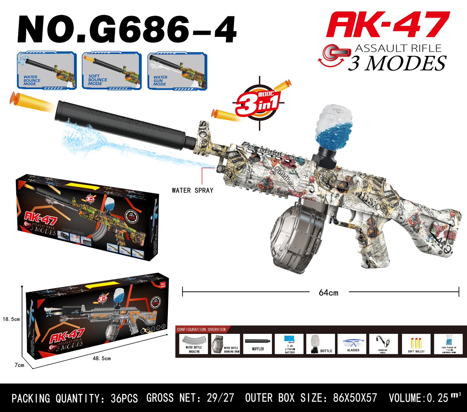 AK-47水枪三模式，喷水枪、软弹枪、水弹枪，64cm透明设计，趣味十足详情4