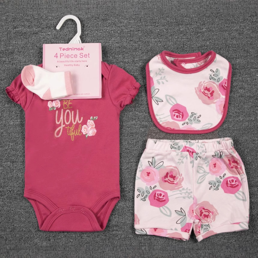 European and American foreign trade children's clothing four-piece set, children's shorts, saliva socks, baby one-piece suit, crawling suit set, children's summer style Application Scenario