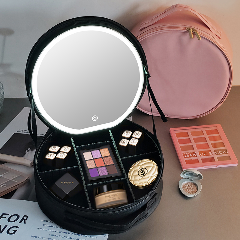 New round LED makeup bag, mirror, adjustable light for business trips and travel, leather cosmetics storage bag, storage box, portable, large-capacity makeup bag Application Scenario