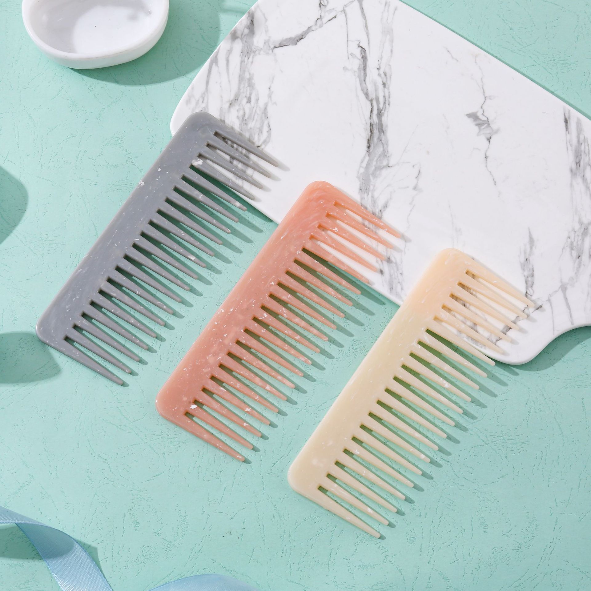Baihe Marble-patterned wide-toothed comb, hair smoothing and massage comb, anti-static comb for straightening and perming, suitable for wet use, hair protection without damage, flat comb
