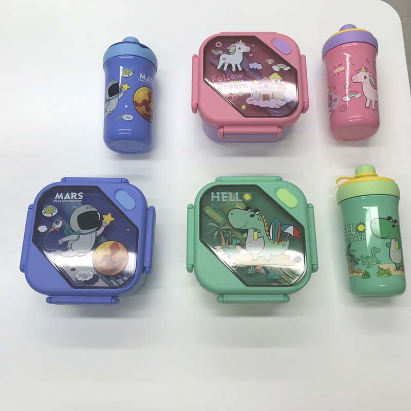 卡通主题饭盒水杯套装 学生儿童便携分隔餐盒 宇航员/独角兽/恐龙可爱饮水杯两件套详情2