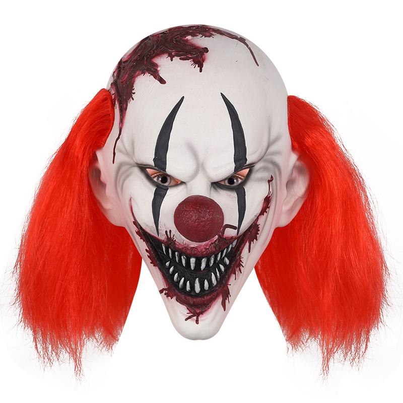 The terrifying clown mask, with bloodstains and red hair, is a must-have for Halloween thrillers