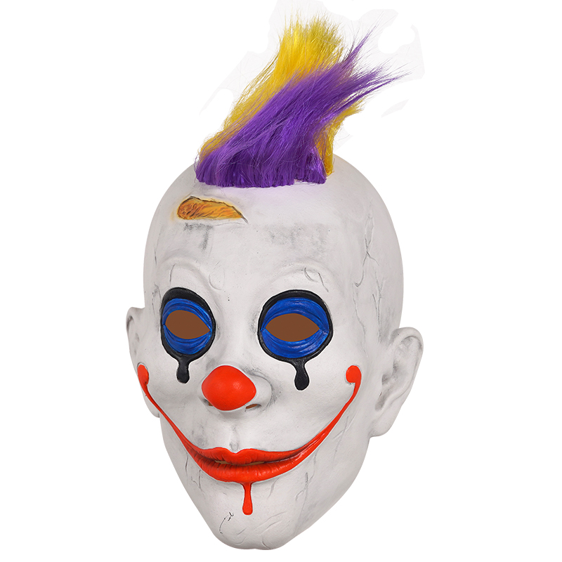 The eerie clown mask has sparked heated discussions. The colorful hairstyle and tearful makeup are extremely terrifying. It's a popular Halloween prop. Specification image