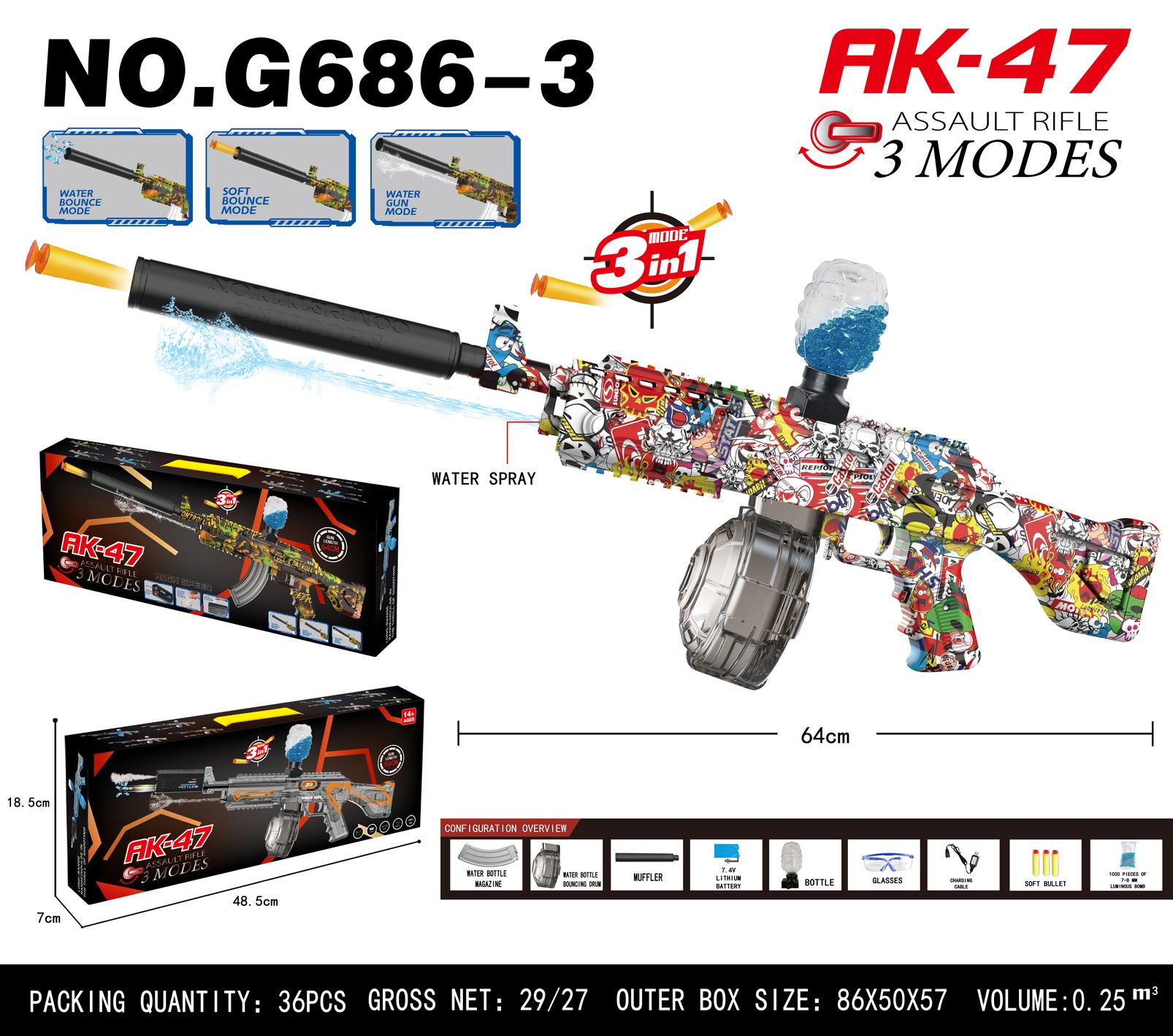 AK-47水枪三模式，喷水枪、软弹枪、水弹枪，64cm透明设计，趣味十足细节图