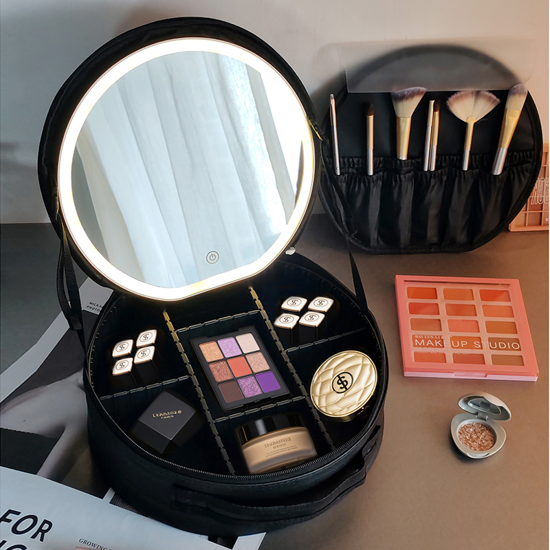 New round LED makeup bag, mirror, adjustable light for business trips and travel, leather cosmetics storage bag, storage box, portable, large-capacity makeup bag Specification image