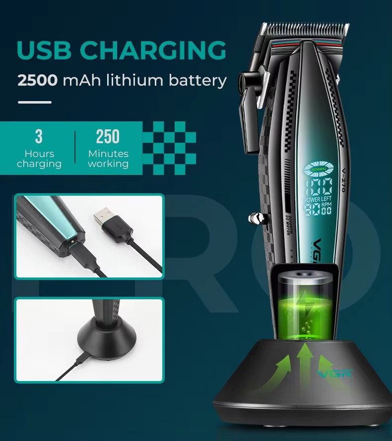 VGR270 LCD display oil head high-speed professional electric clipper USB with base charging hair salon home hair clipper pic 7