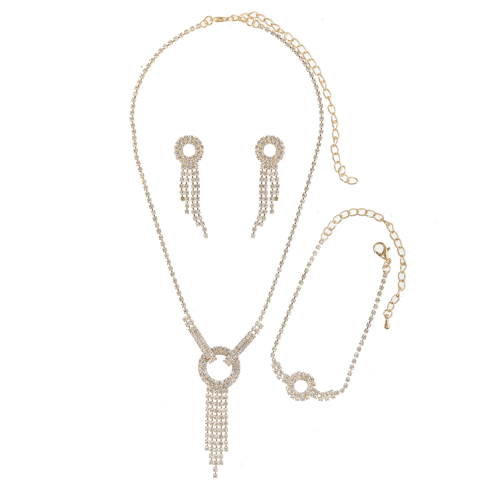 Wholesale supply of cross-border chain, rhinestone, tassel, necklace, earrings, bracelet, luxury three-piece set, banquet dress and wedding accessories