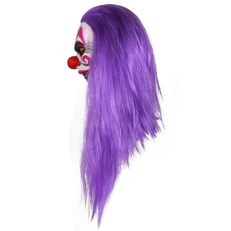 Terrifying clown mask, long purple hair, eerie smile, popular Halloween costume. Application Scenario