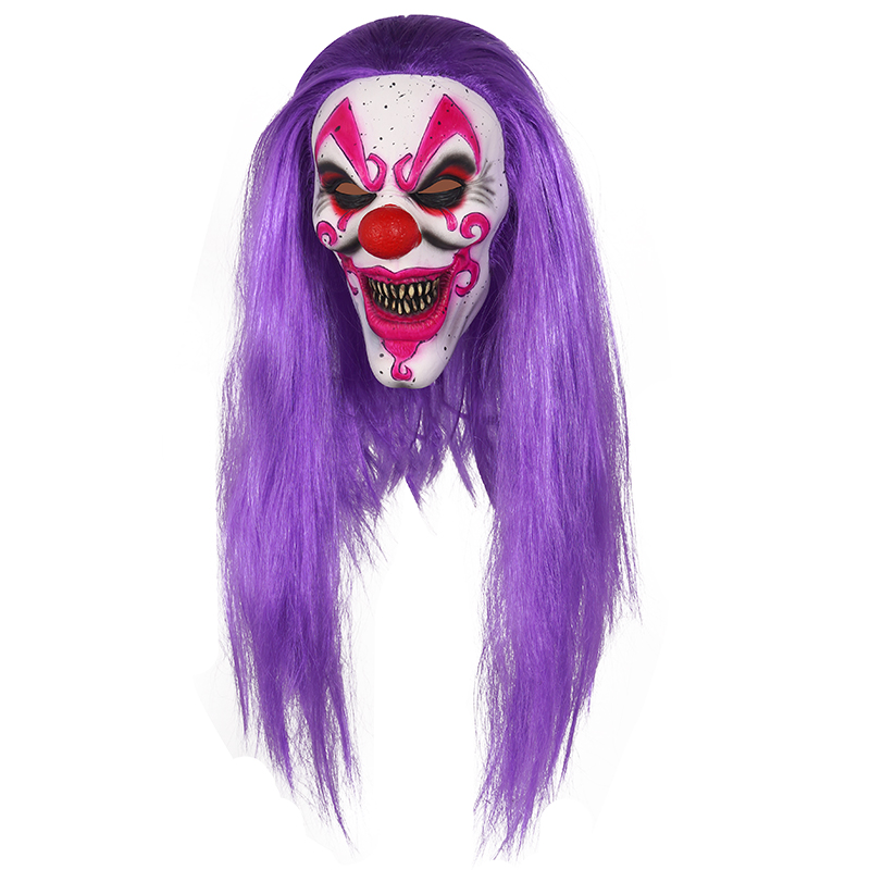 Terrifying clown mask, long purple hair, eerie smile, popular Halloween costume. details Picture
