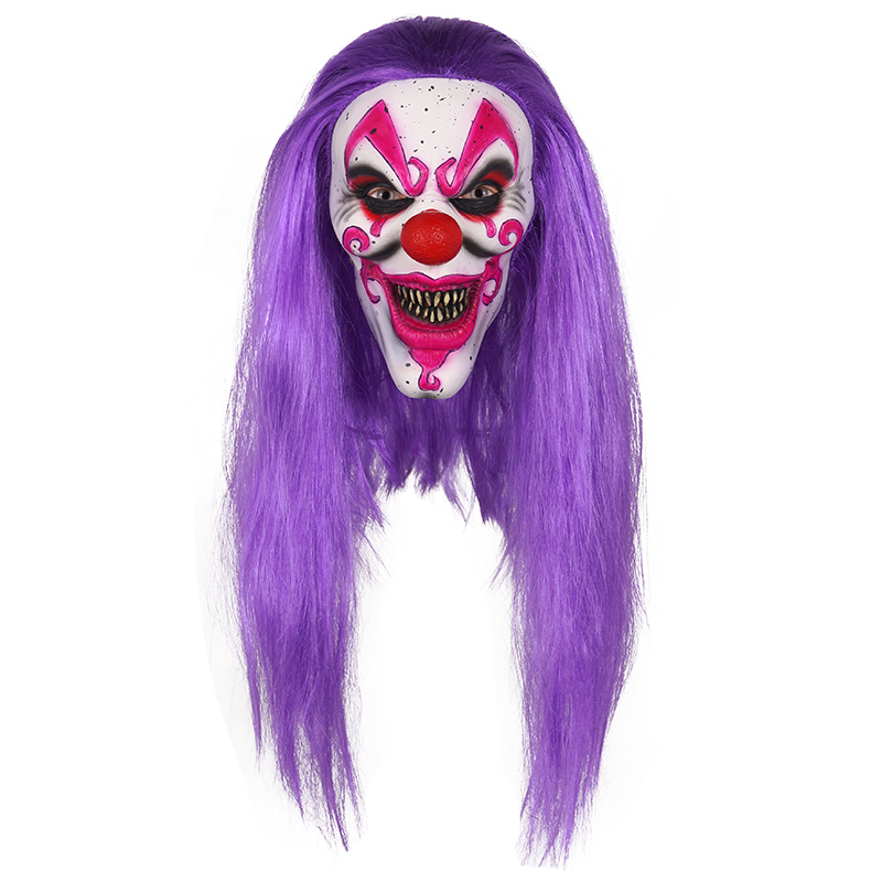 Terrifying clown mask, long purple hair, eerie smile, popular Halloween costume.