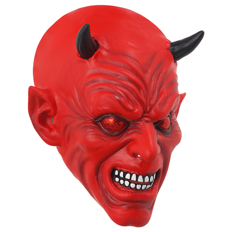 Red devil mask, with sharp horns and red eyes, terrifying and ferocious, a popular Halloween prop. Specification image
