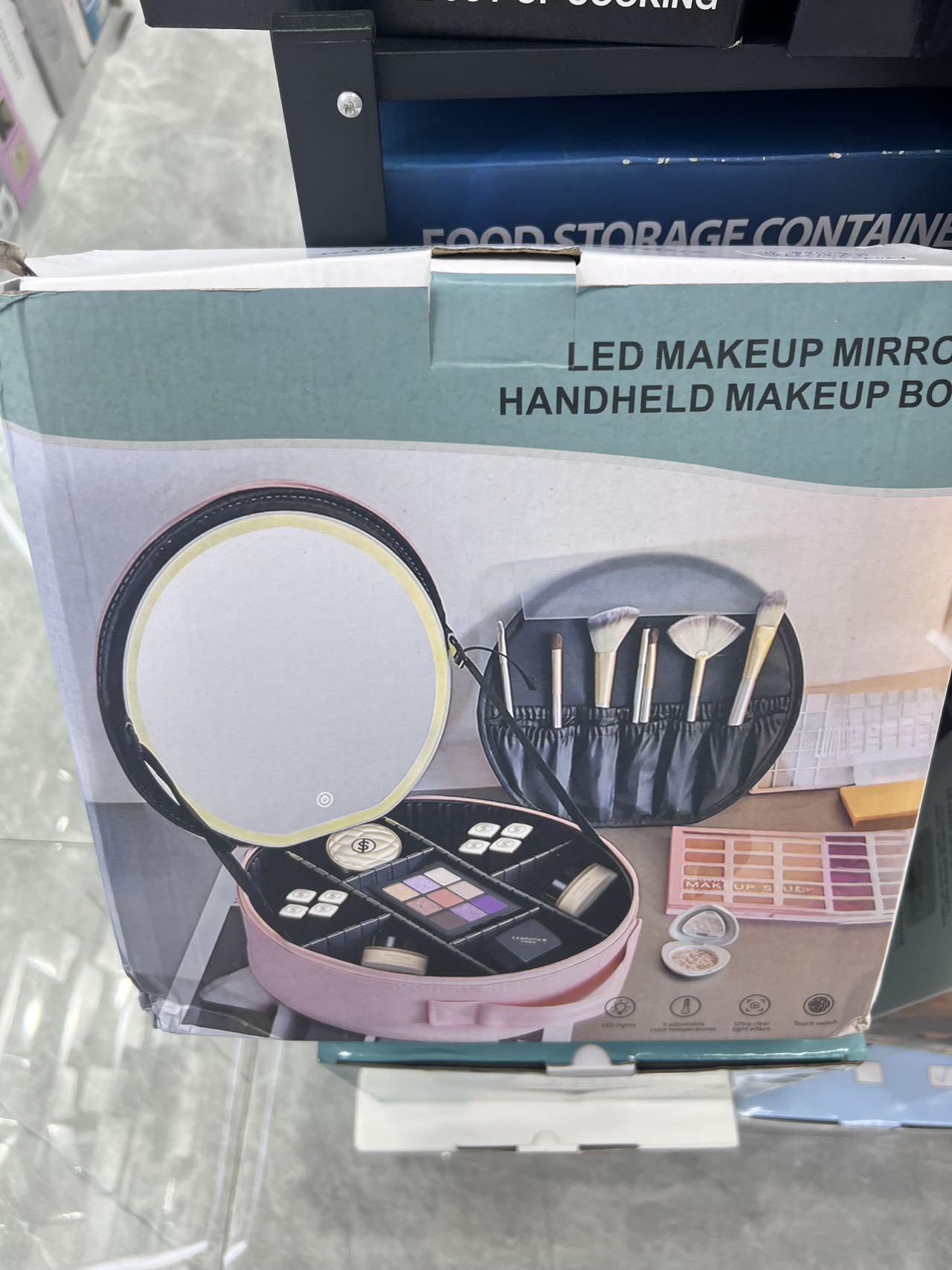 New round LED makeup bag, mirror, adjustable light for business trips and travel, leather cosmetics storage bag, storage box, portable, large-capacity makeup bag Item Picture