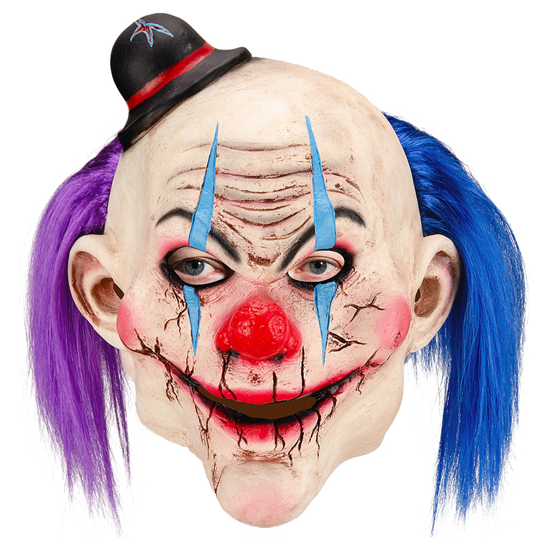 A terrifying clown mask with purple and blue double ponytails and cracked makeup, a strange smile, and a Halloween horror hotspot