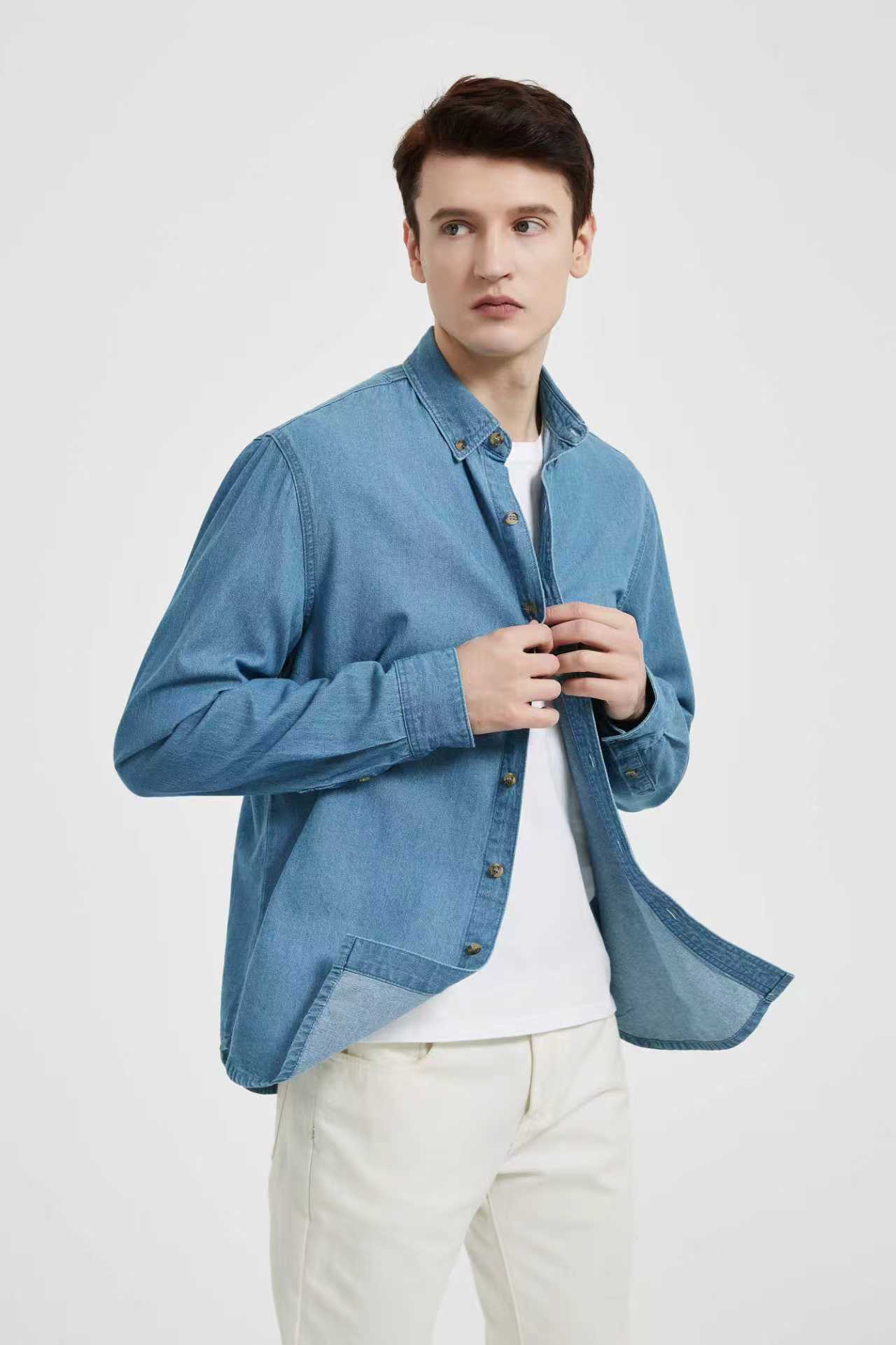 男式休闲牛仔领有纽扣帅气衬衣