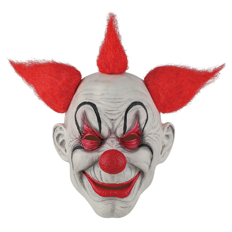 A terrifying clown mask with red fur and an exaggerated smile, a thrilling Halloween costume details Picture