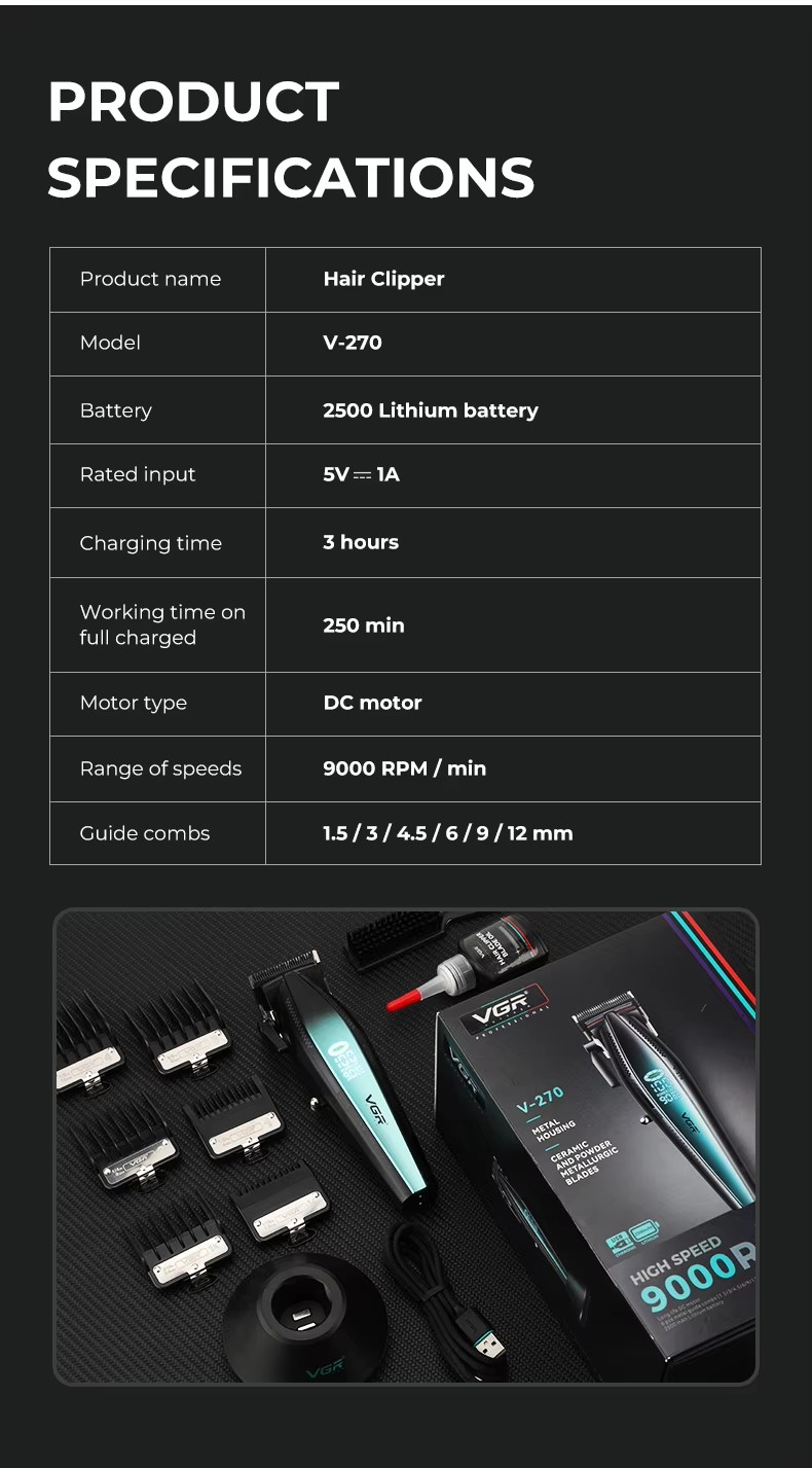 VGR270 LCD display oil head high-speed professional electric clipper USB with base charging hair salon home hair clipper pic 9