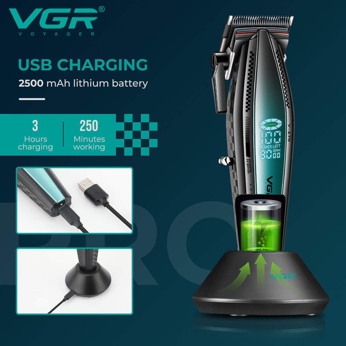 VGR270 LCD display oil head high-speed professional electric clipper USB with base charging hair salon home hair clipper Item Picture
