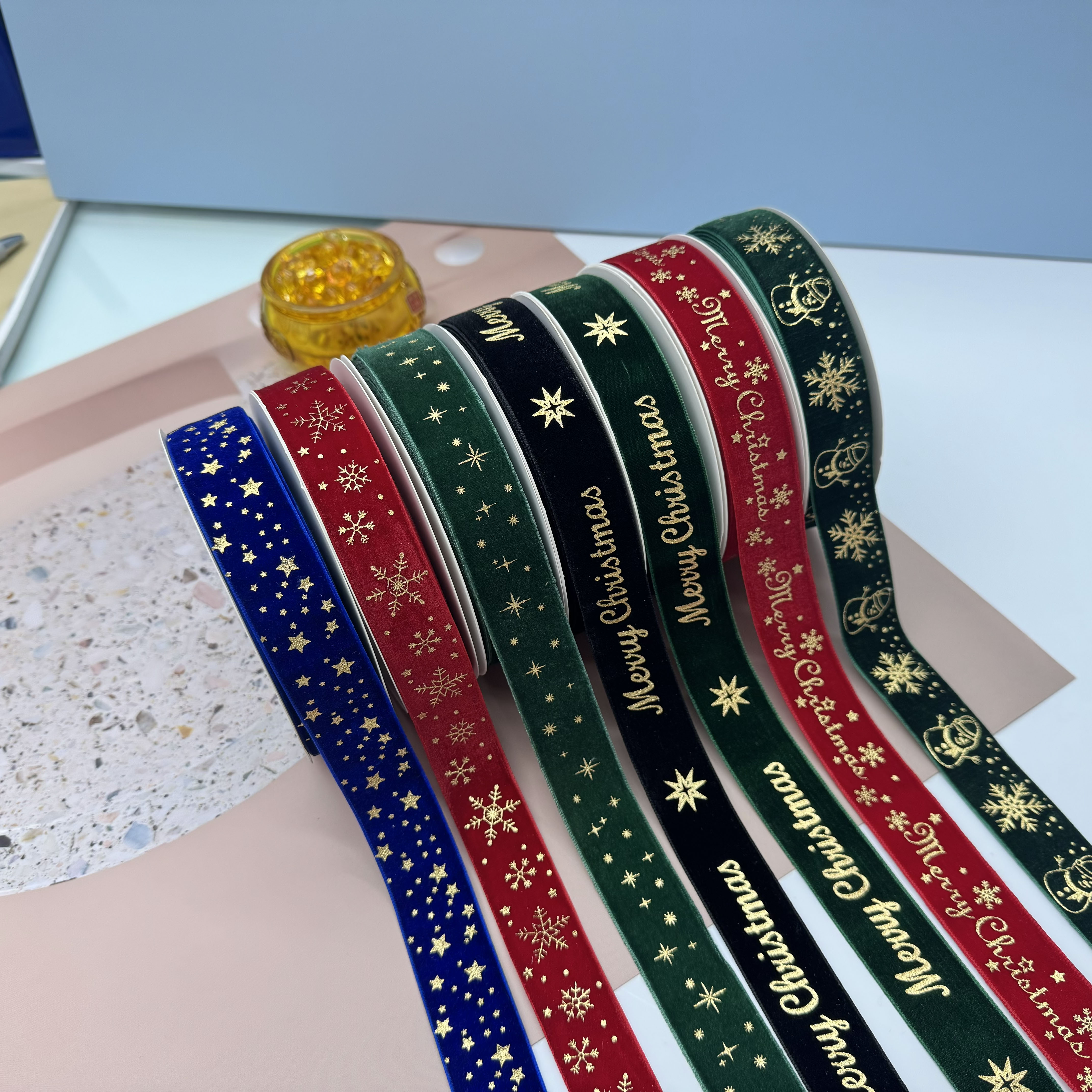 2.5 cm fleece ribbon, gold embossed best-selling Christmas ribbon, fleece ribbon, gift box decoration area, DIY handmade bow, woven ribbon, colorful ribbon