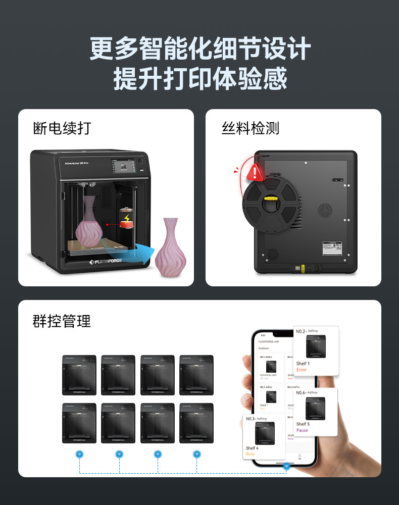 The AD5M Pro features high-speed printing with dual circulation filtration, ready to print out of the box, and remote monitoring. It is a 3D printer with 3D printing consumables pic 18