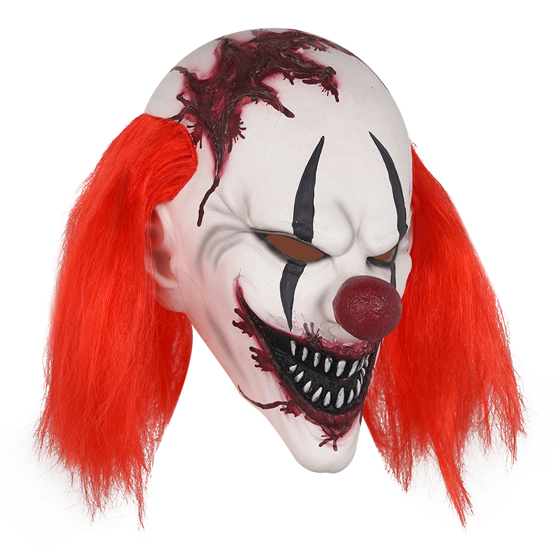 The terrifying clown mask, with bloodstains and red hair, is a must-have for Halloween thrillers Specification image