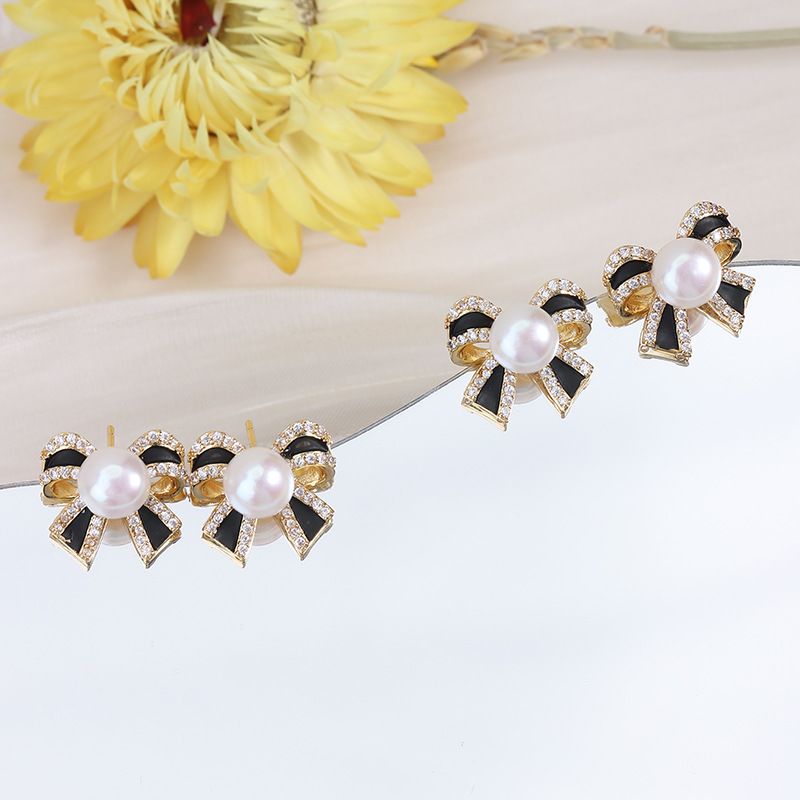 黑色系镶钻蝴蝶结珍珠耳环轻奢高级感耳钉精致时尚设计感小众耳饰详情图2