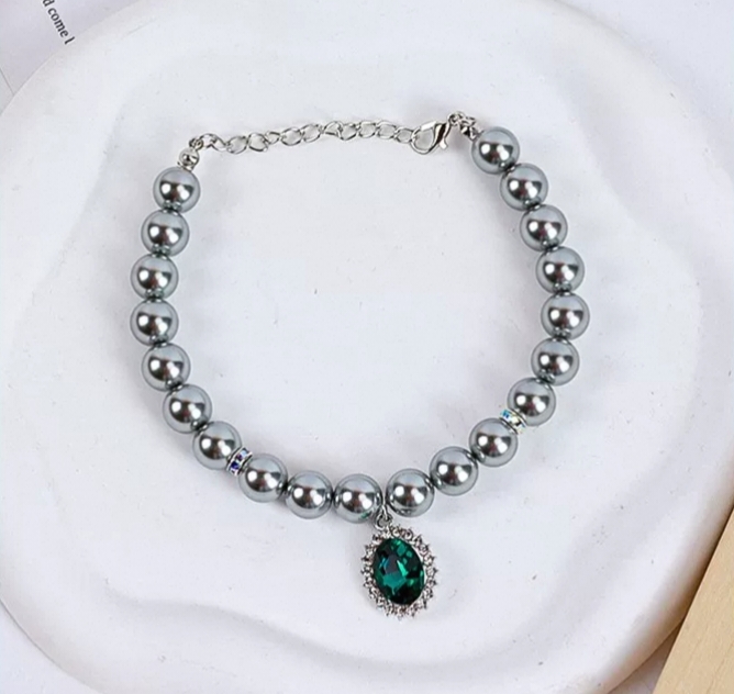 手工宠物项链狗狗项圈猫咪珍珠复古蓝色水晶吊坠泰迪比熊可爱脖圈