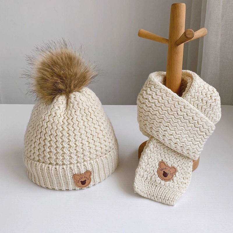 Three-piece set of children's hats, scarves and gloves for autumn and winter. Winter warm and fleece little bear woolen caps for boys and girls Item Picture