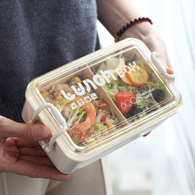 H226-336 wheat straw single-layer microwave heating lunch box for students and office workers, single-layer compartments with partitions, Japanese-style details Picture