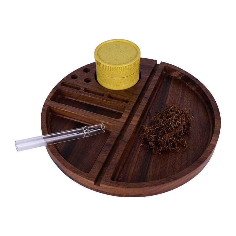 新款圆形多功能卷烟盘胡桃木原色复古防灰防摔烟盘Cigarette tray详情2