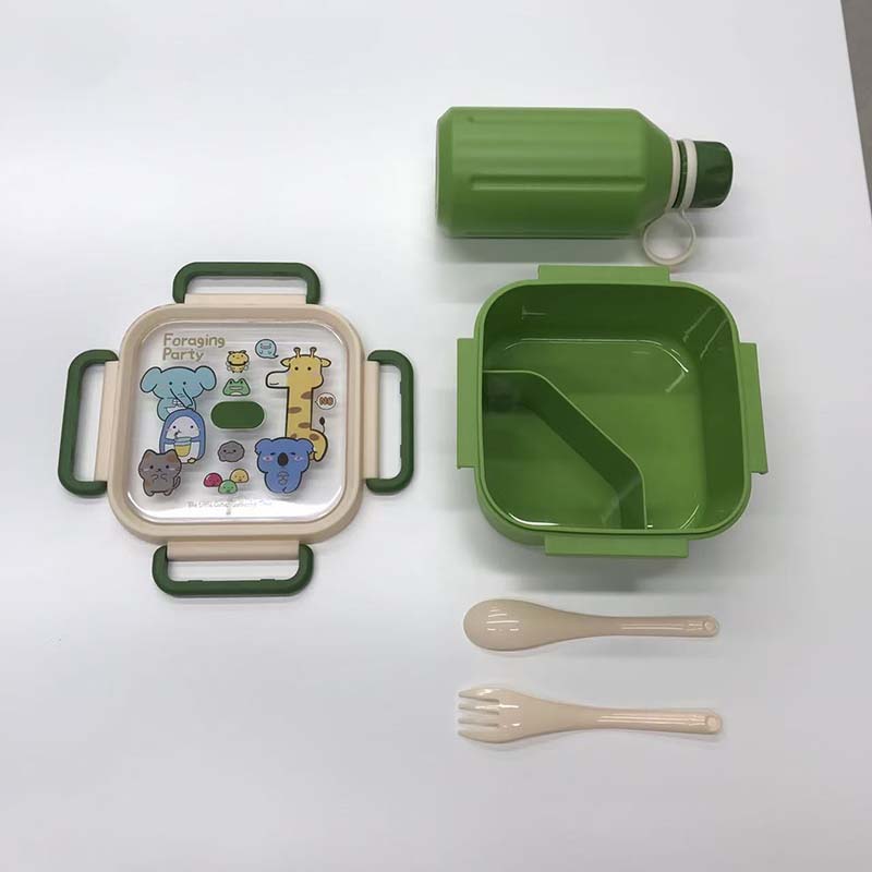 卡通动物分格饭盒+便携水壶套装 儿童学生密封便当盒带餐具详情6