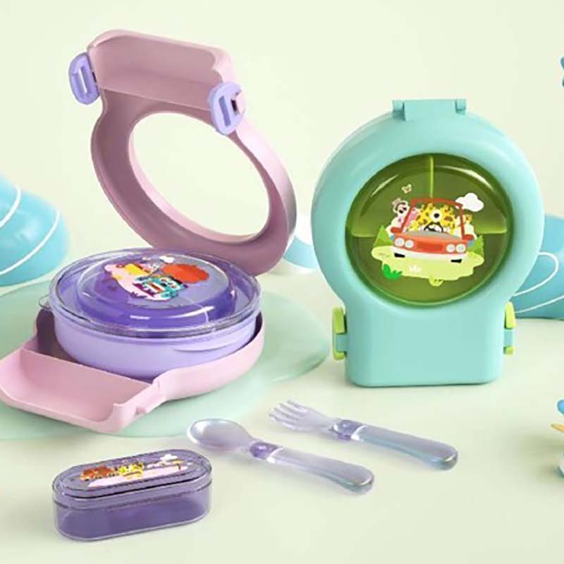 卡通汽车图案便携饭盒 儿童带提手双层餐盒 学生密封便当盒赠餐具详情2