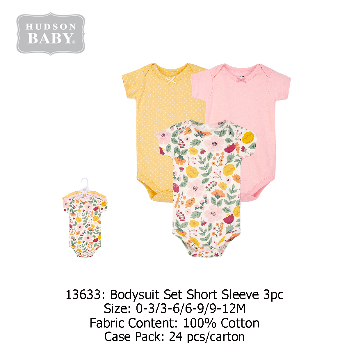 女婴短袖连体衣三件套 女宝碎花短袖连体衣套装 100% 棉 夏季款