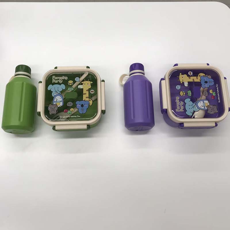 卡通动物分格饭盒+便携水壶套装 儿童学生密封便当盒带餐具详情4