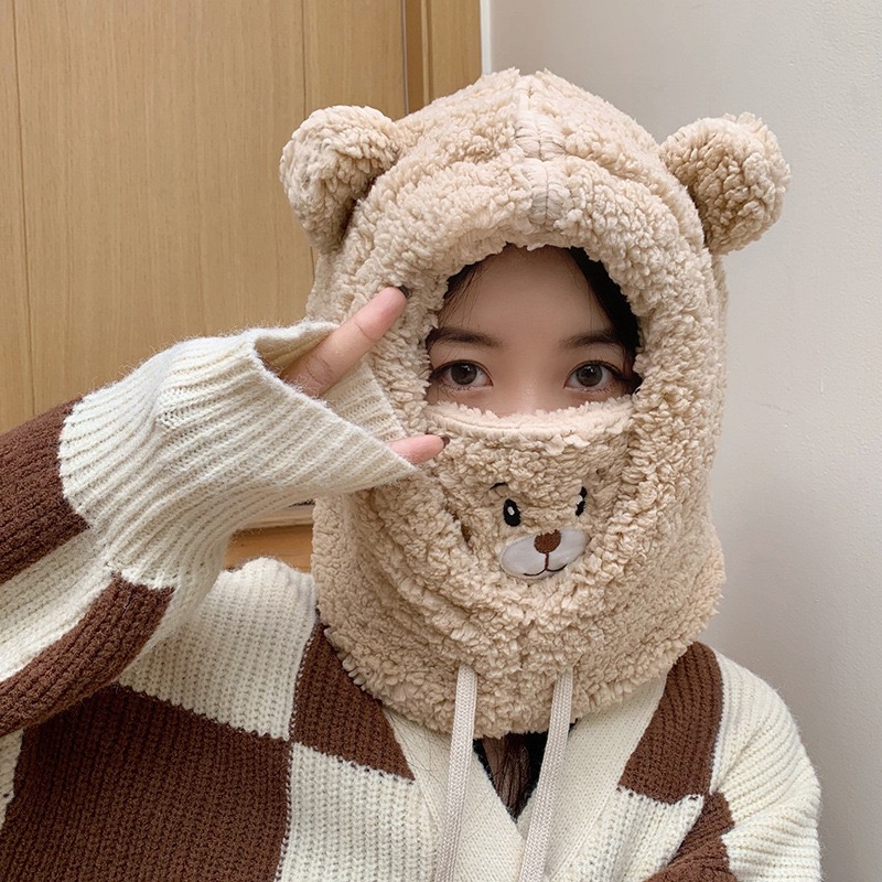 Winter cute little bear scarf, hat, warm all-in-one hat, student lamb fur Korean version girls' hat, mask, woolen hat details Picture
