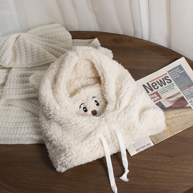 Winter cute little bear scarf, hat, warm all-in-one hat, student lamb fur Korean version girls' hat, mask, woolen hat Specification image
