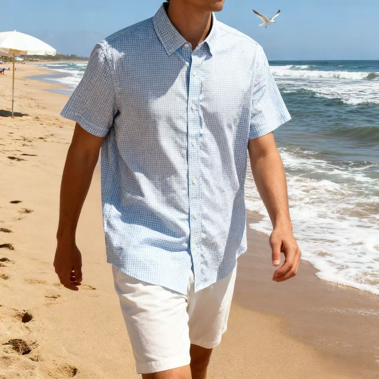 Minimum order of 100 pieces: Men's business casual blue checkered short-sleeved pure cotton embroidered lapel commuting anti-wrinkle shirt Specification image