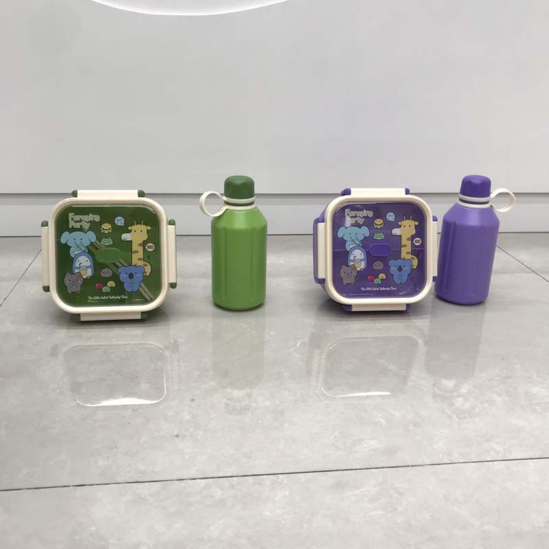 卡通动物分格饭盒+便携水壶套装 儿童学生密封便当盒带餐具详情3