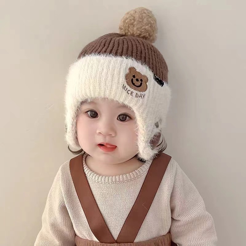 Baby hats for autumn and winter, little bear knitted cute ear-protecting woolen hats for boys, boys and girls for warmth in winter pic 2