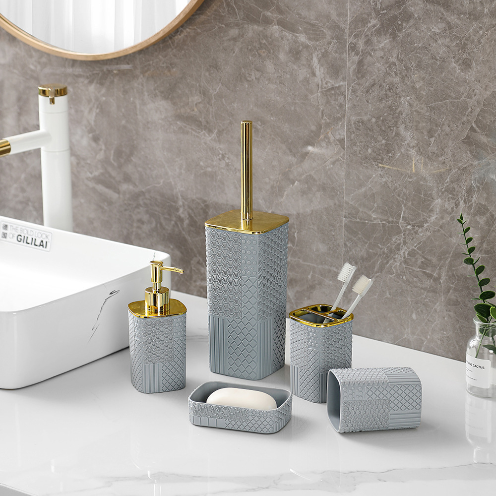 跨境水波纹家用卫浴五件套垃圾桶马桶刷乳液泵漱口杯子酒店轻奢套