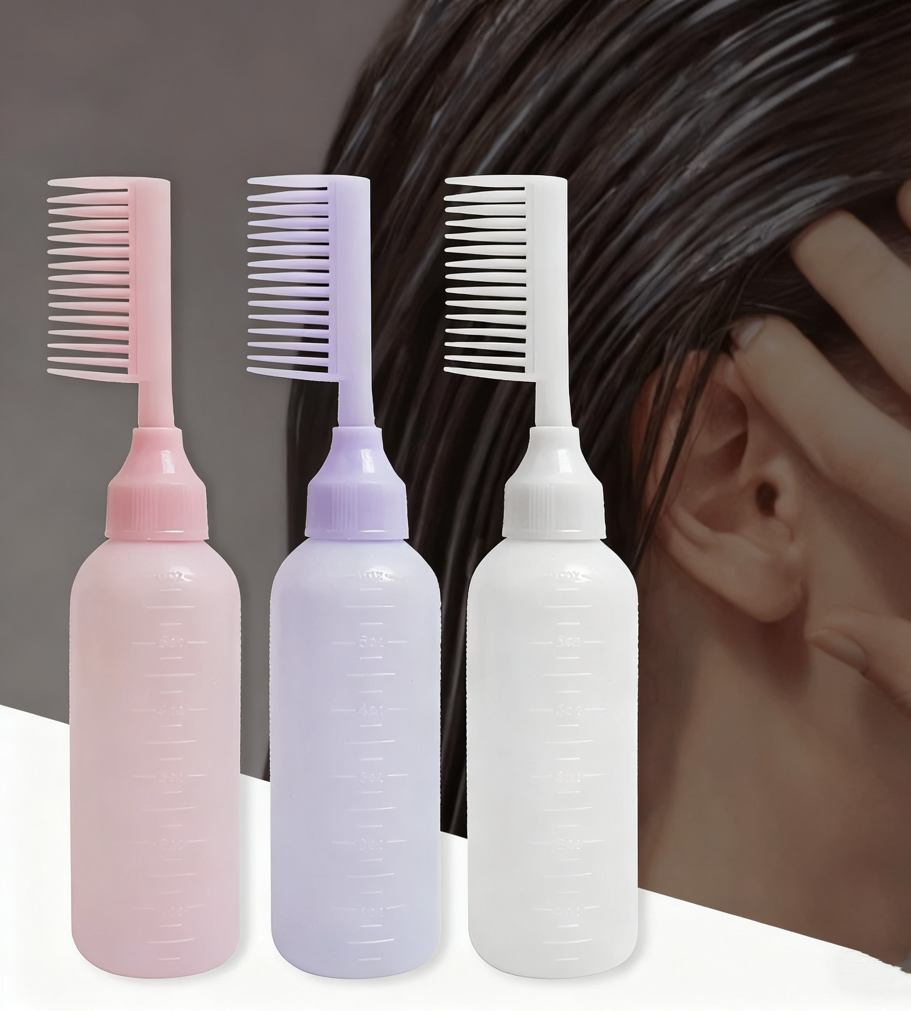Hair salon oil dyeing bottle 160ML with comb teeth hair salon dyeing bottle with scale dyeing bottle press dyeing comb multi-color