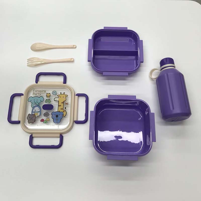 卡通动物分格饭盒+便携水壶套装 儿童学生密封便当盒带餐具详情5