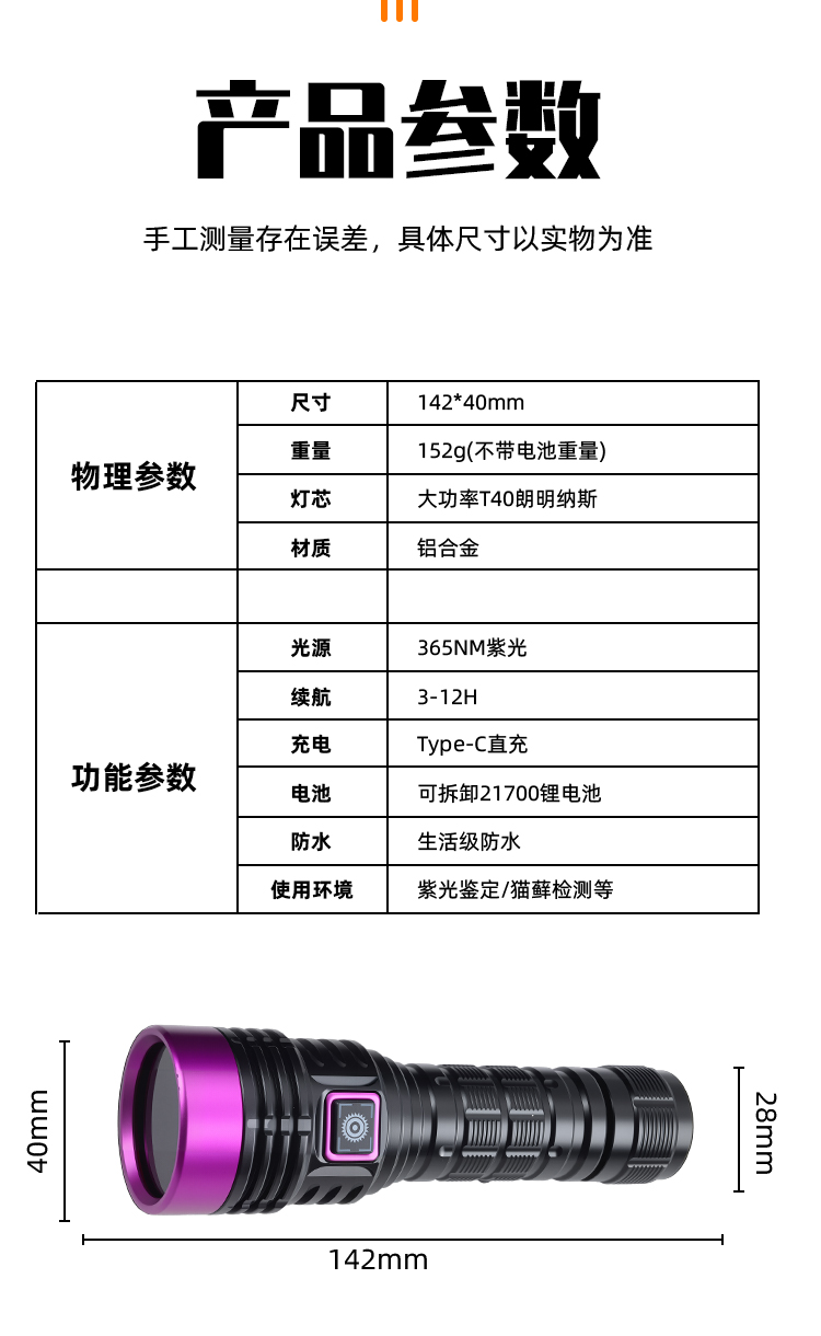 新款365nm紫光手电筒大功率紫外线灯适用宠物尿液检测烟酒纸币验钞鉴定灯详情15