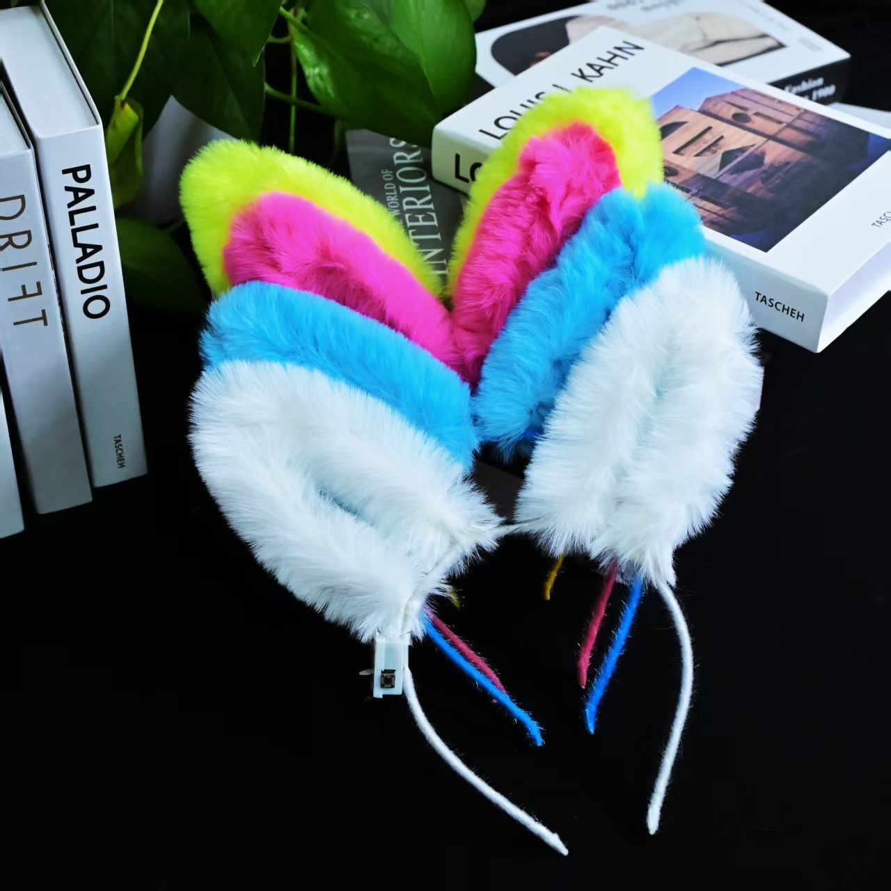 Luminous plush hairband, feather rabbit ears, 14 lamp headwear, flashing cat ears, night market stall, hairband and hairpin toys