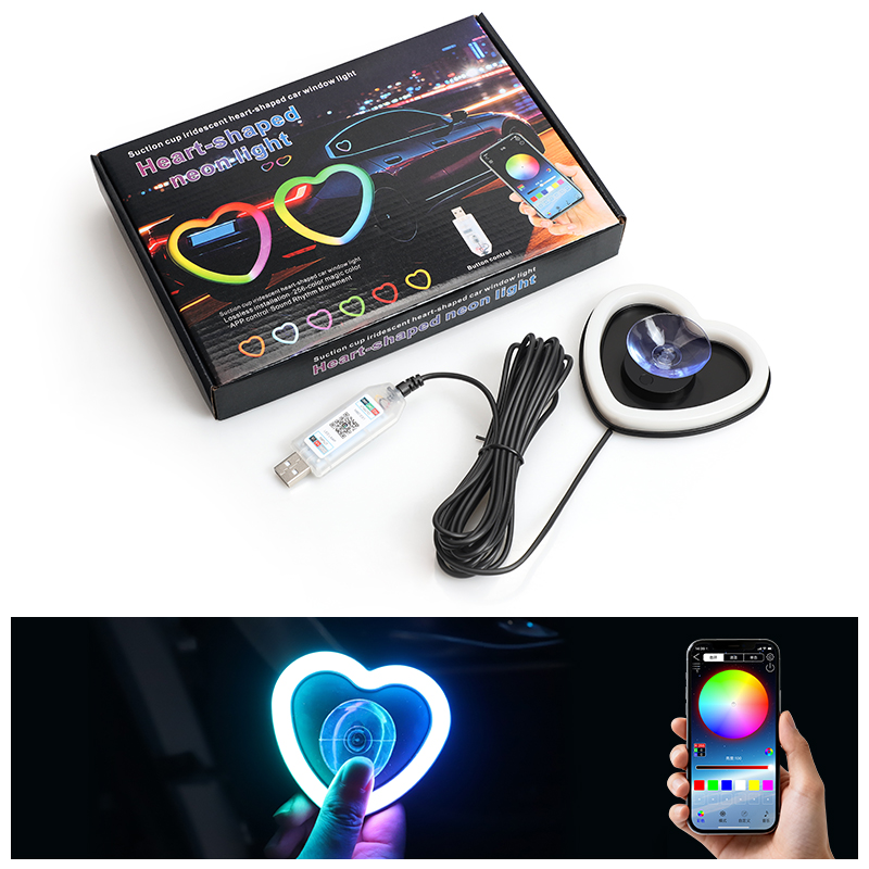 New cross-border car LED window lights, heart-shaped neon tubes, seven-color RGB illuminated APP atmosphere lighting set Application Scenario