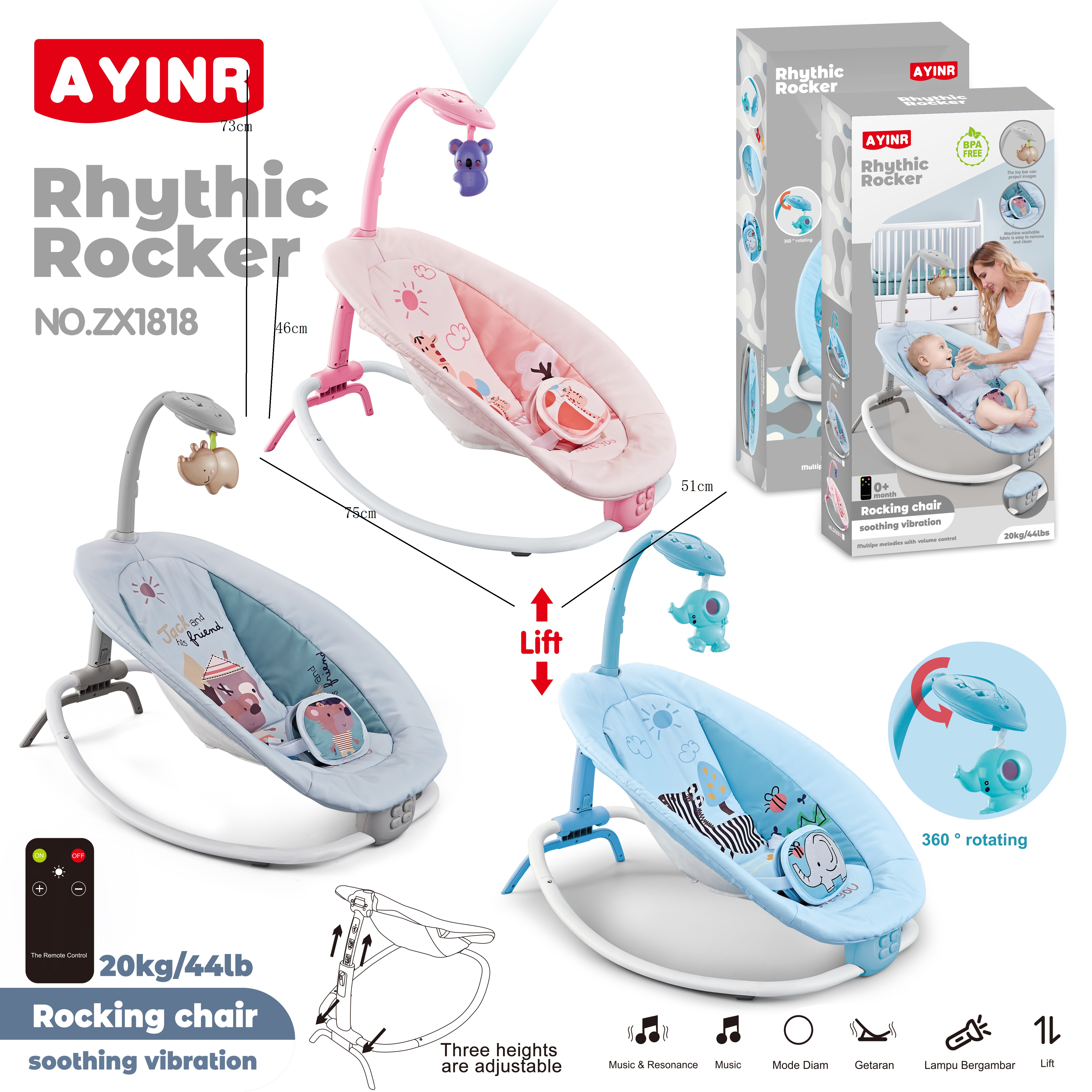 Electric baby rocking chair, soothing chair, folding rocking chair, gentle vibration, multi-functional, remote-controlled lift crib