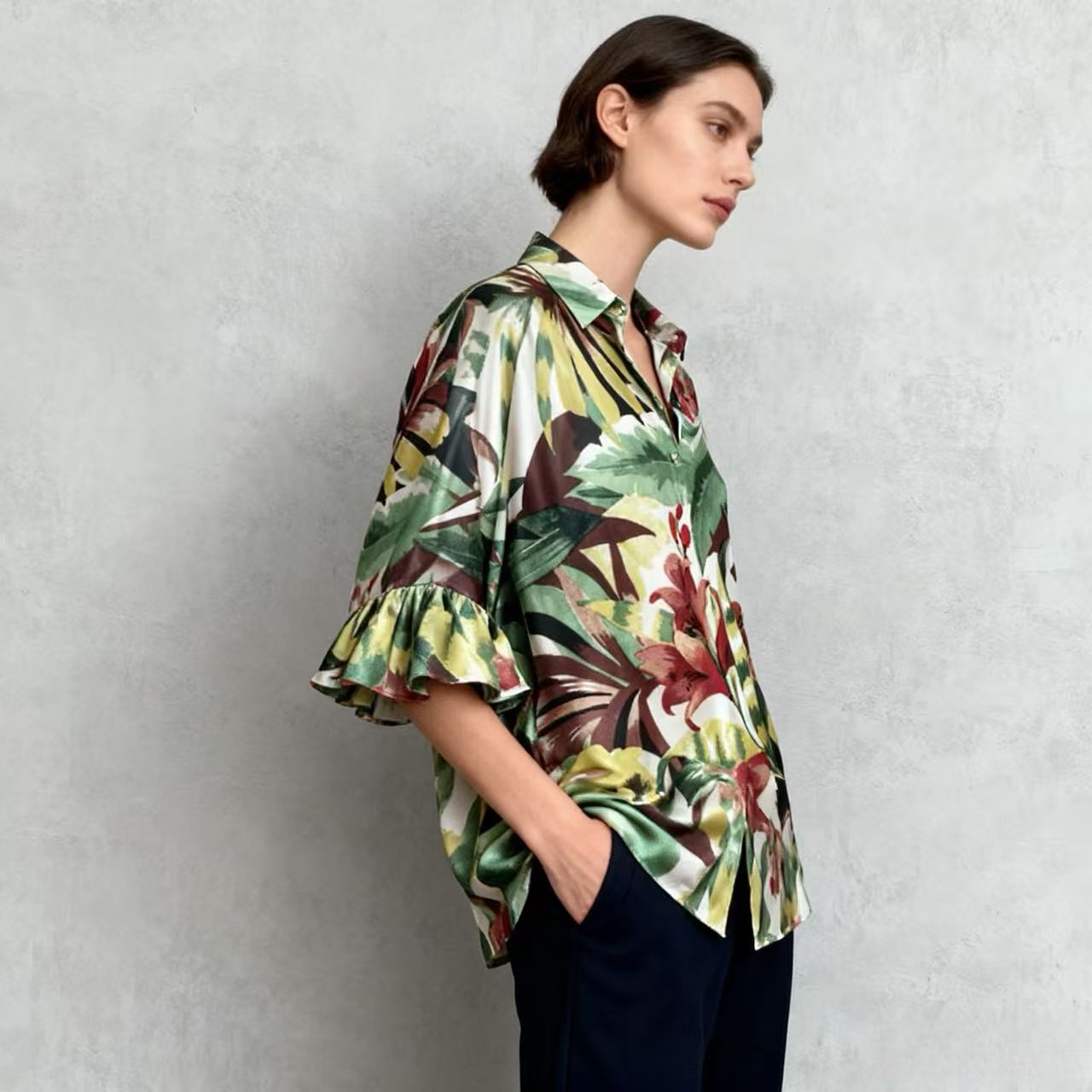Mezcla imitación acetato satén estampado floral tropical suave drapeado suave vestido/camisa de vacaciones 50 metros moq venta directa de fábrica soporte personalizado Specification image
