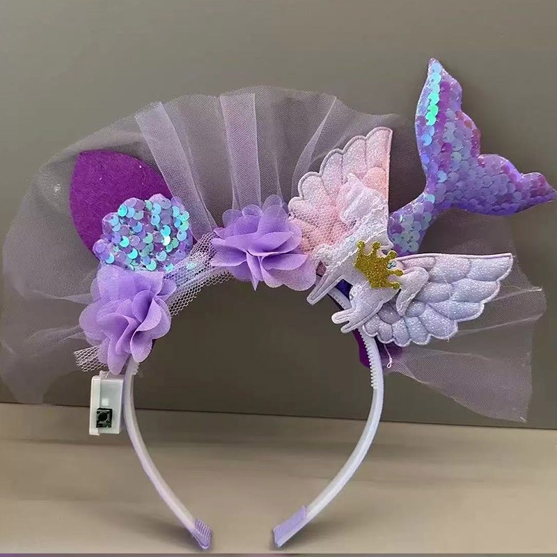新款闪光美人鱼头扣发光玩具带灯头饰美人鱼节日派对道具批发白底实物图