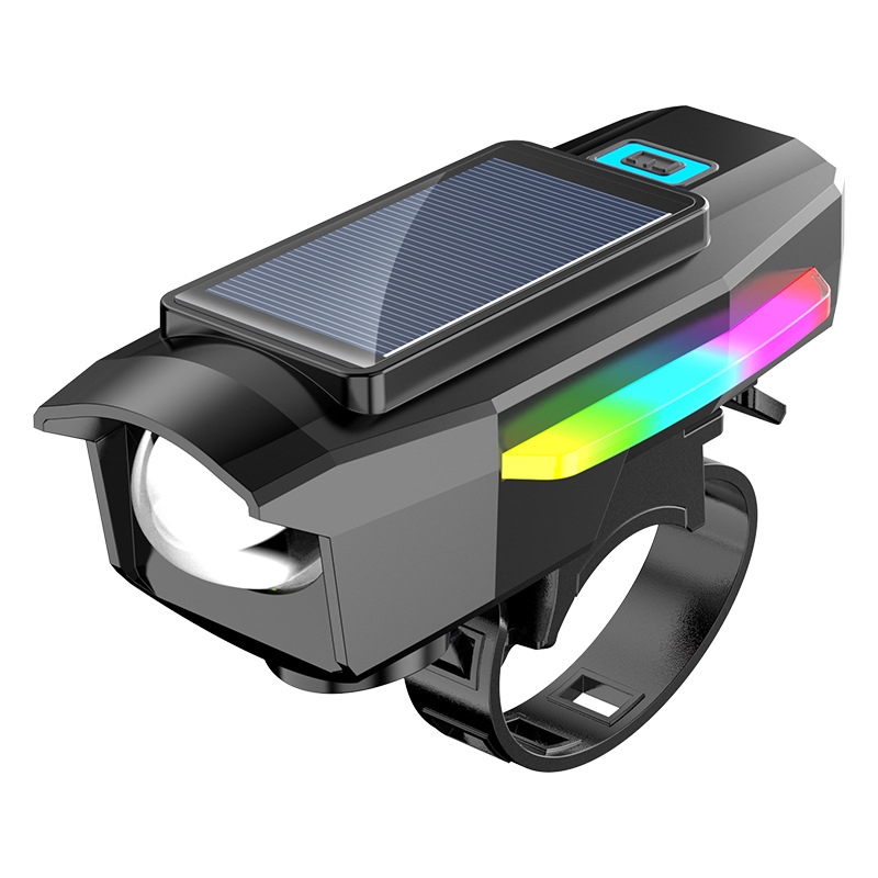Solar-powered mountain bike lights, strong night riding bells, super loud general road bike headlight horns Item Picture