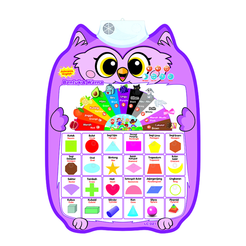 跨境印尼双语颜色形状有声早教挂图幼儿童点读发声识字猫头鹰造型墙贴玩具