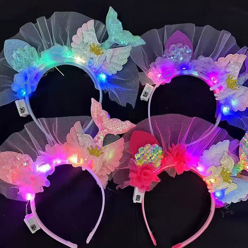 新款闪光美人鱼头扣发光玩具带灯头饰美人鱼节日派对道具批发